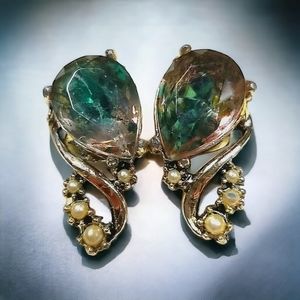 Vintage Faux Pearl and Aquamarine Glass Gold Tone Clip Earrings